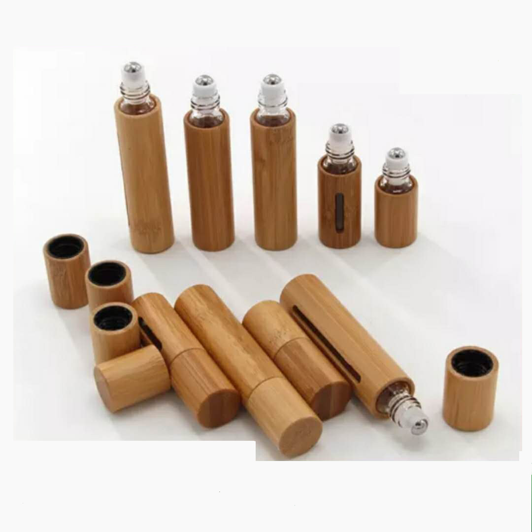 In stock 3ml/5ml /10ml whole cosmetic packaging bamboo glass roller bottles for essential oil