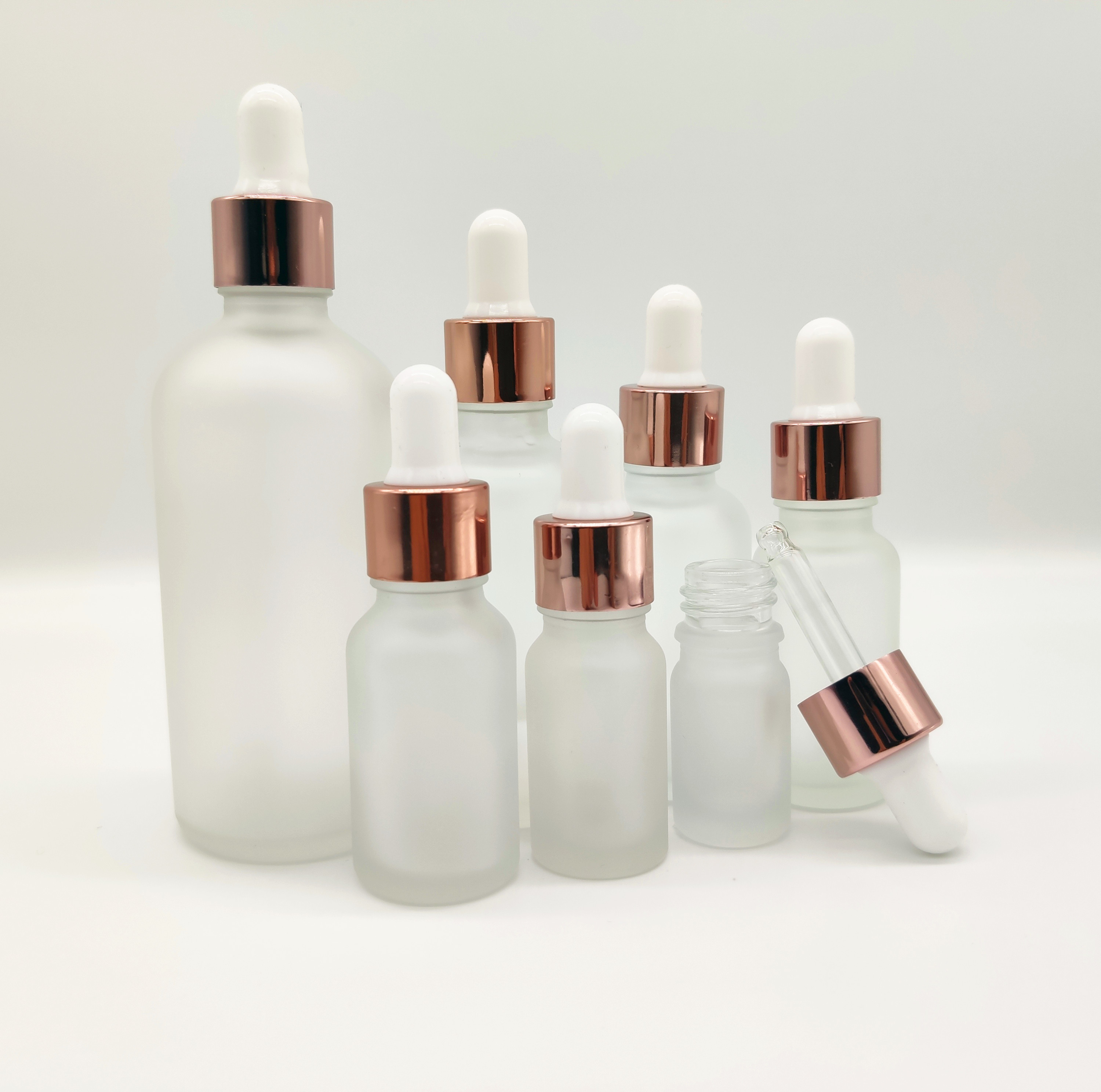 In stock, 5ml 10ml 15ml 20ml 30ml 50ml 100ml frosted glass essetnial oil dropper bottle with rose gold dropper