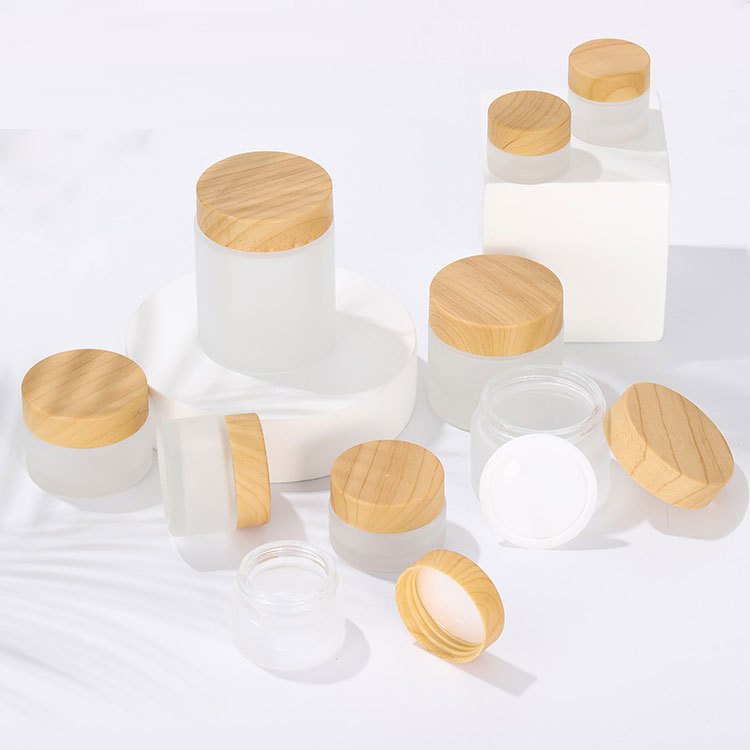 In stock 5ml 15ml 30ml 50ml 100ml Clear Frosted Glass Jar With Bamboo Wood Lid and Plastic wood grain cover For Body Cream