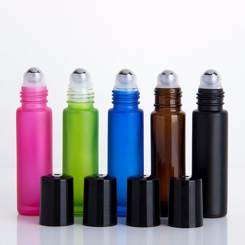 In stock 5ml 6ml 8ml 10ml 15ml Amber Glass Vails bottle with metal ROLL-ONS and D Black caps for essential oil or perfume