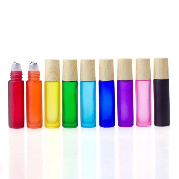 In stock! Frosted matte Rainbow Colors 10ml glass roll on bottle with Wood grain cover/cap essential oil perfume bottle