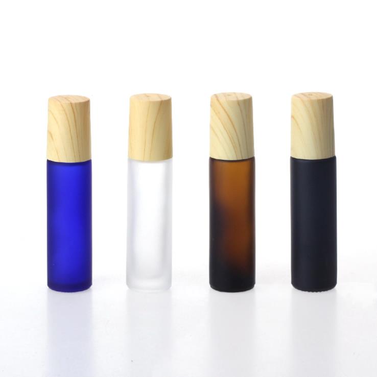 In stock! Frosted matte Rainbow Colors 10ml glass roll on bottle with Wood grain cover/cap essential oil perfume bottle