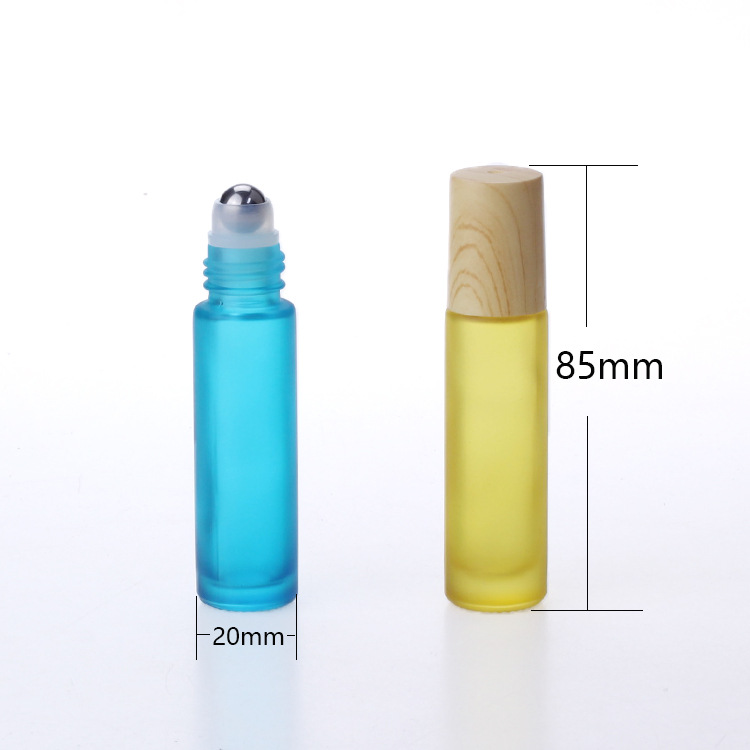 In stock! Frosted matte Rainbow Colors 10ml glass roll on bottle with Wood grain cover/cap essential oil perfume bottle