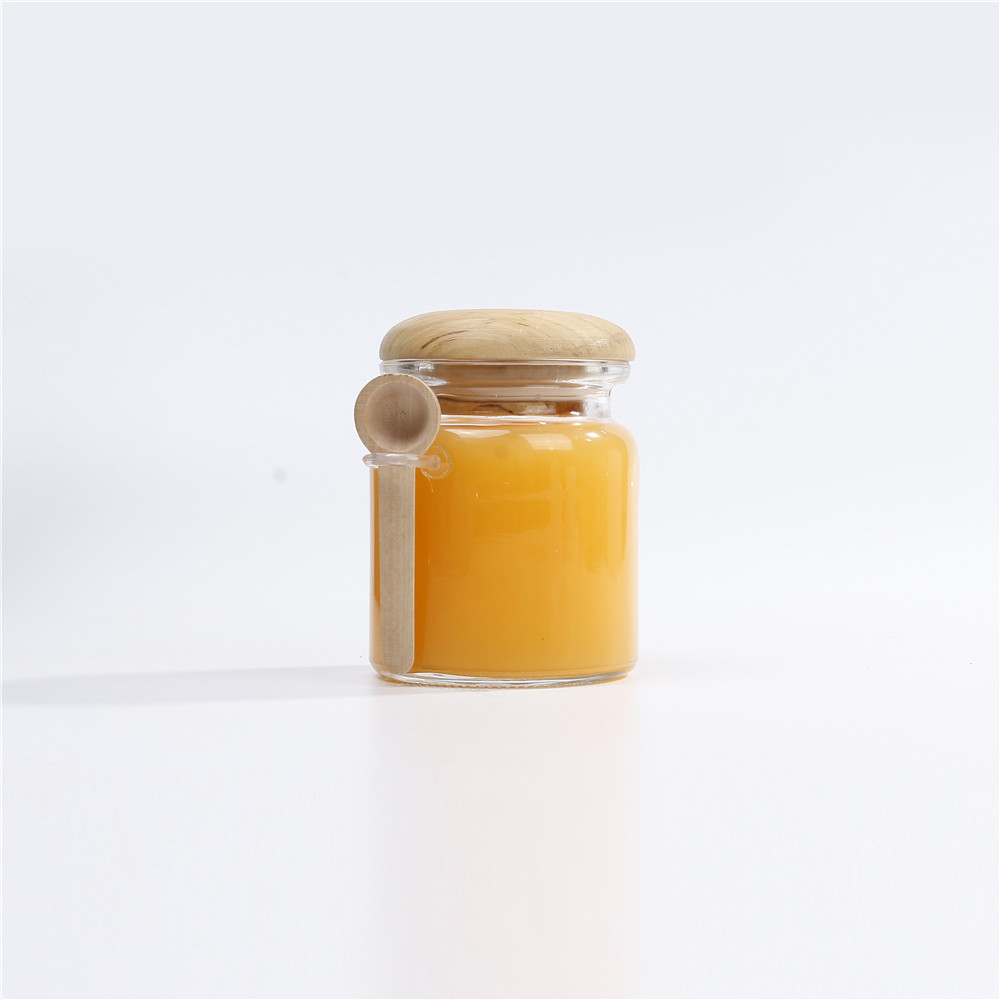 In stock Honey Jam Glass Jars open mouth 30ml 50ml with Wooden Cork lids with wooden spoon popular convenient design