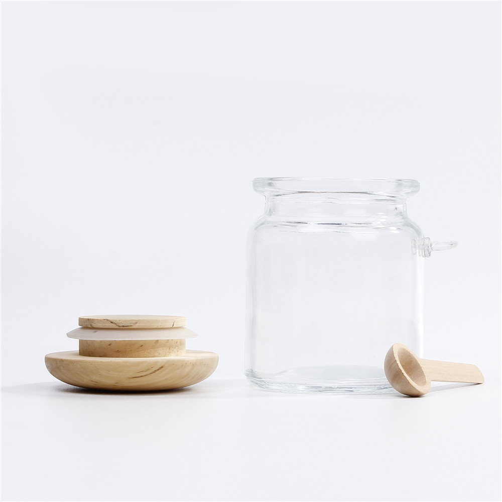 In stock Honey Jam Glass Jars open mouth 30ml 50ml with Wooden Cork lids with wooden spoon popular convenient design