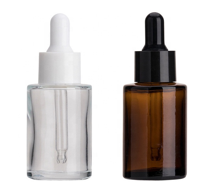 In stock cosmetic 30ml flat shoulder frosted clear amber color glass dropper bottle for serum essential oil