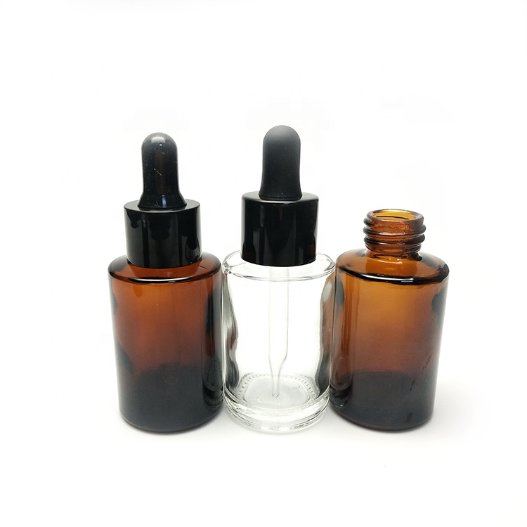 In stock cosmetic 30ml flat shoulder frosted clear amber color glass dropper bottle for serum essential oil