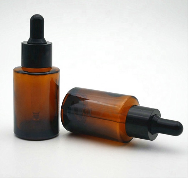In stock cosmetic 30ml flat shoulder frosted clear amber color glass dropper bottle for serum essential oil