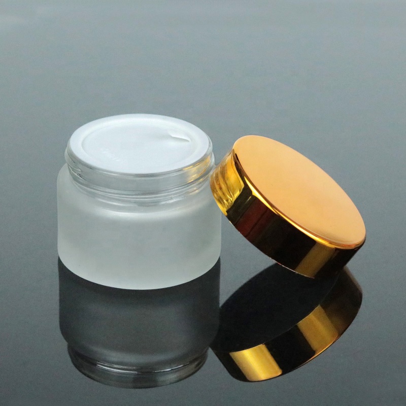 In stock cosmetic packaging 20g frosted glass jar with UV gold lid (GJM20)