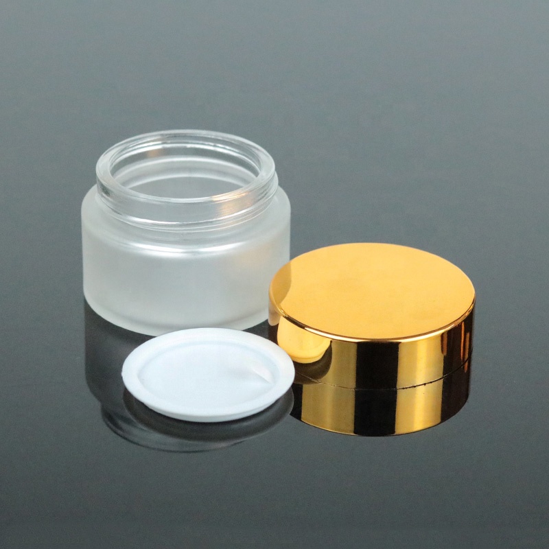 In stock cosmetic packaging 20g frosted glass jar with UV gold lid (GJM20)