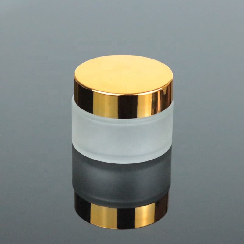 In stock cosmetic packaging 20g frosted glass jar with UV gold lid (GJM20)