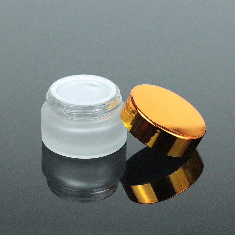 In stock cosmetic packaging 20g frosted glass jar with UV gold lid (GJM20)
