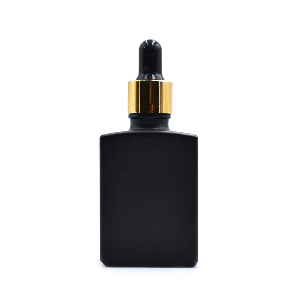 In stock essential oil 30ml 1 oz matte black white rectangular square glass dropper bottle with aluminum dropper cap