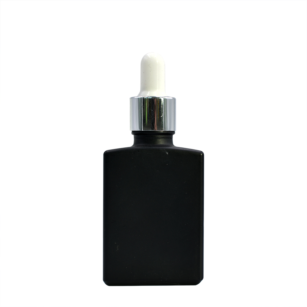 In stock essential oil 30ml 1 oz matte black white rectangular square glass dropper bottle with aluminum dropper cap