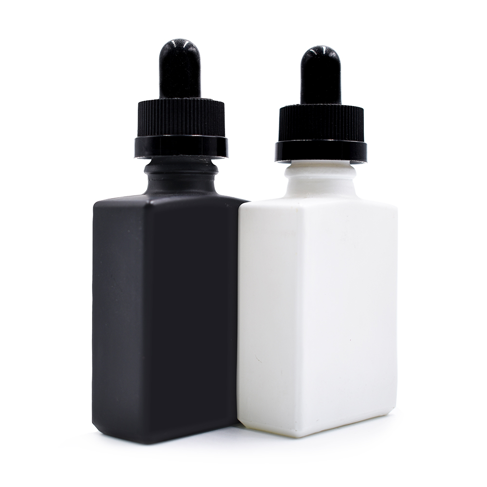 In stock essential oil 30ml 1 oz matte black white rectangular square glass dropper bottle with aluminum dropper cap