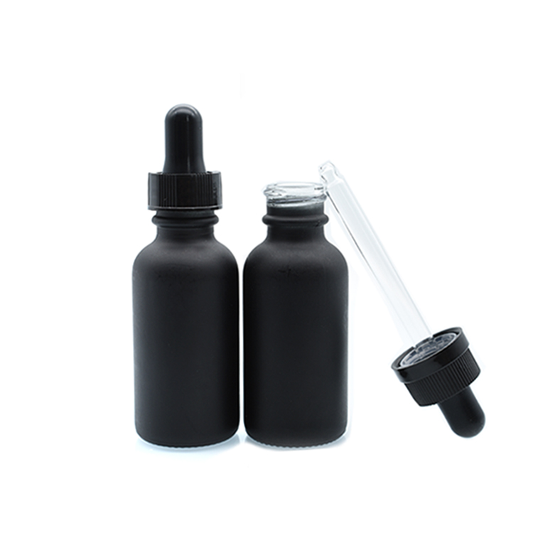 In stock essential oil bottle boston round black glass dropper bottle black frosted glass bottle with glass dropper