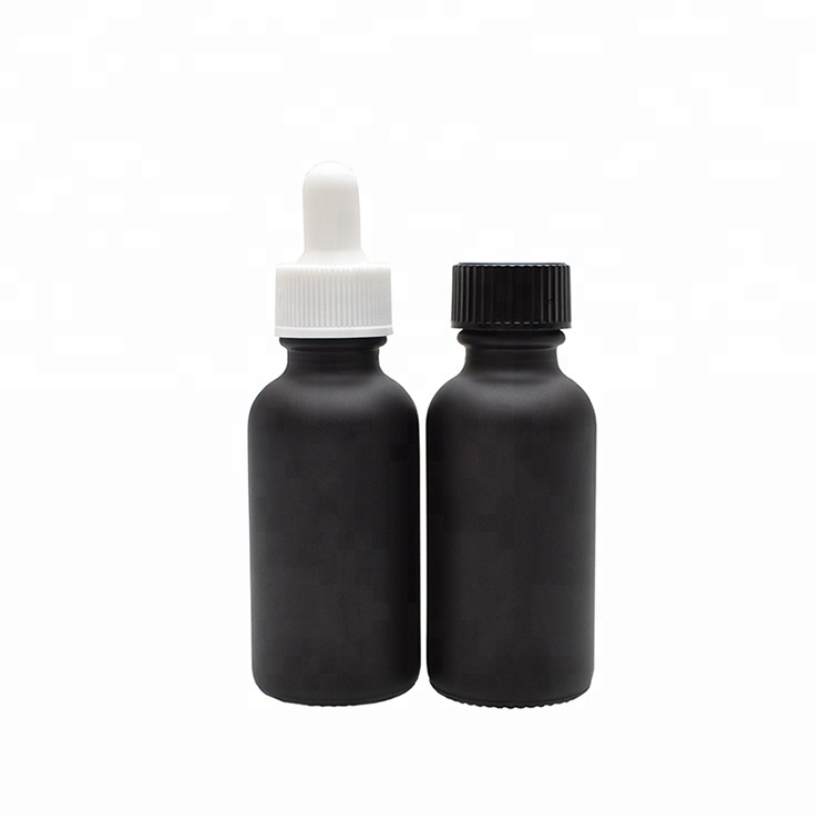 In stock essential oil bottle boston round black glass dropper bottle black frosted glass bottle with glass dropper