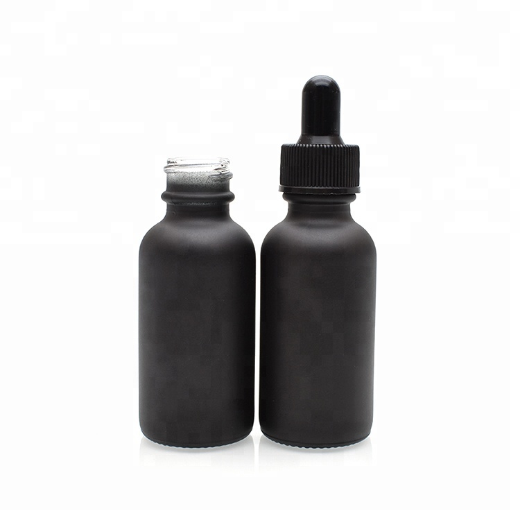 In stock essential oil bottle boston round black glass dropper bottle black frosted glass bottle with glass dropper