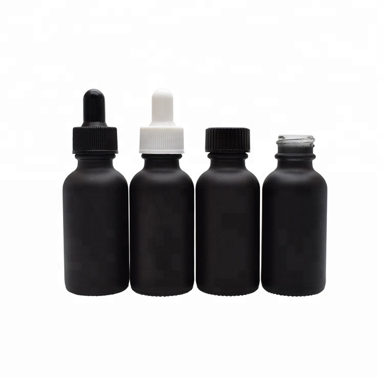 In stock essential oil bottle boston round black glass dropper bottle black frosted glass bottle with glass dropper
