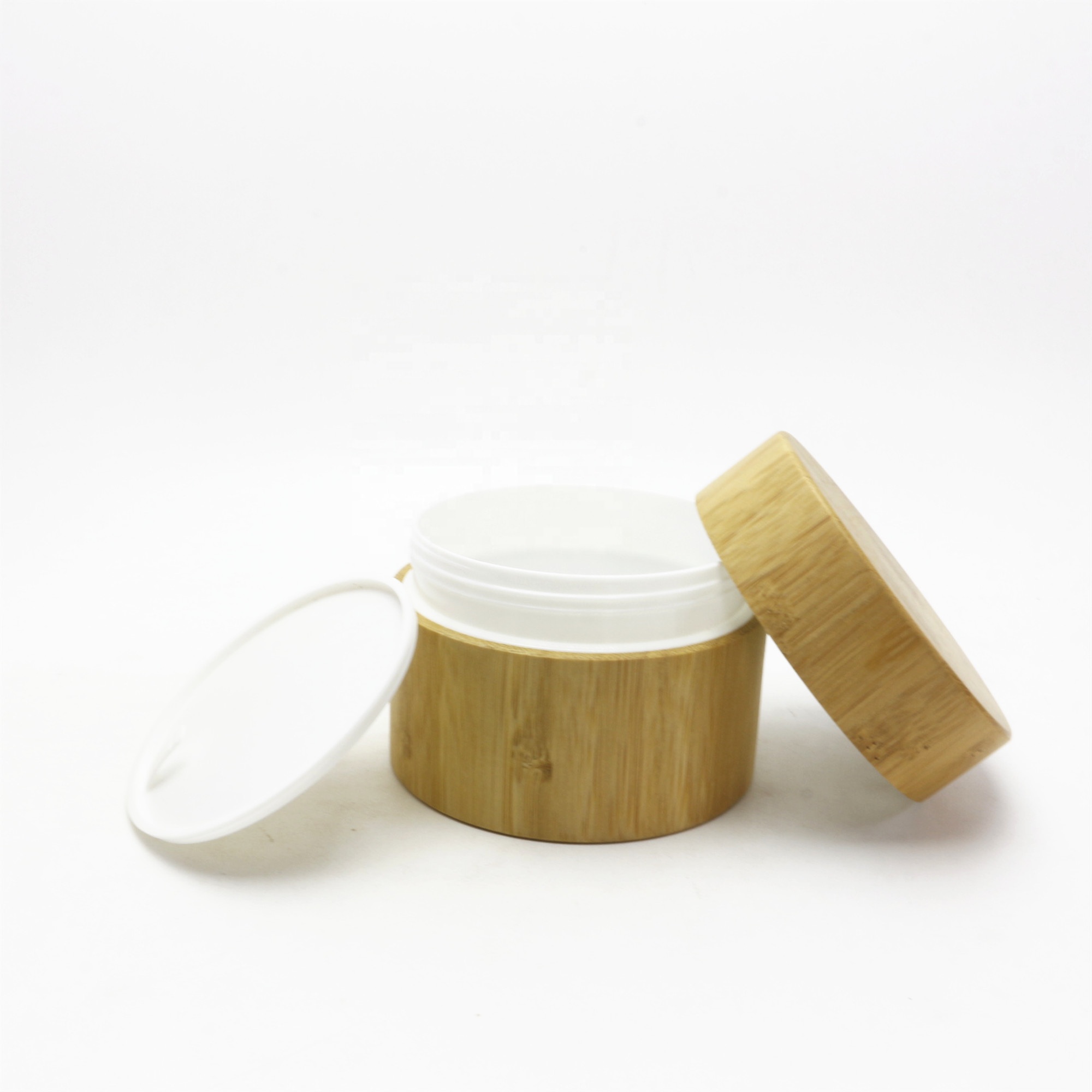 In stock low MOQ 100g 150g 200g echo friendly inner PP bamboo cosmetic cream jar wooden jar BL-184K
