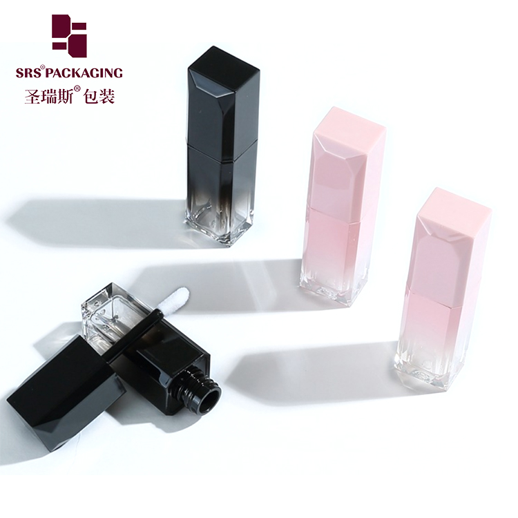 In stock luxury 4 ml clear  pink gradient AS plastic square  lip gloss tube container