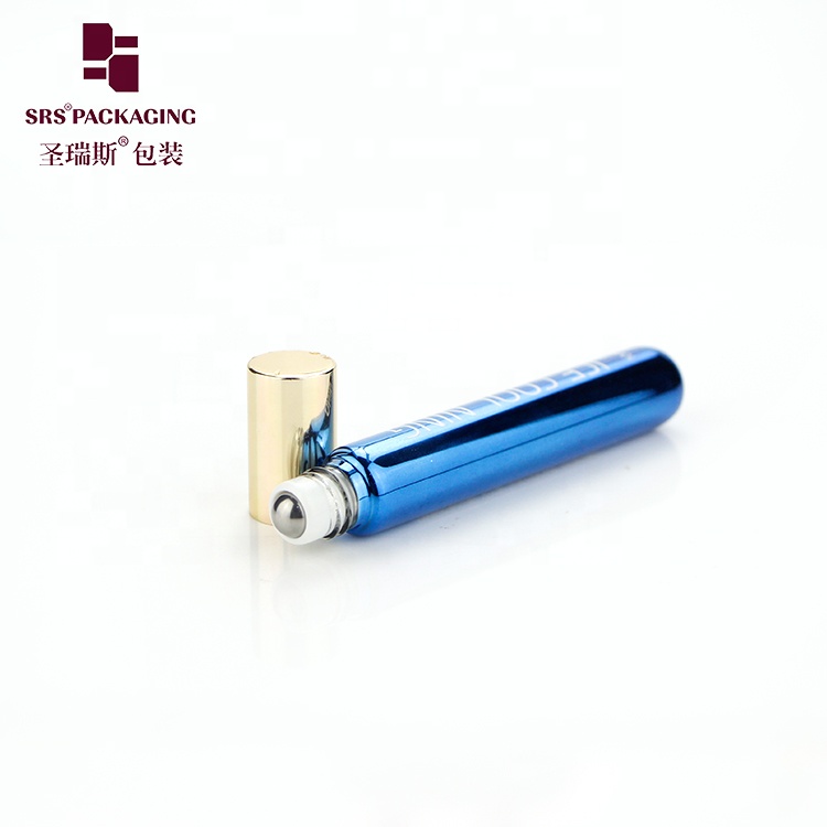 In stock metalized blue color glass custom roll on bottles 10ml roller ball for essential oil with printing
