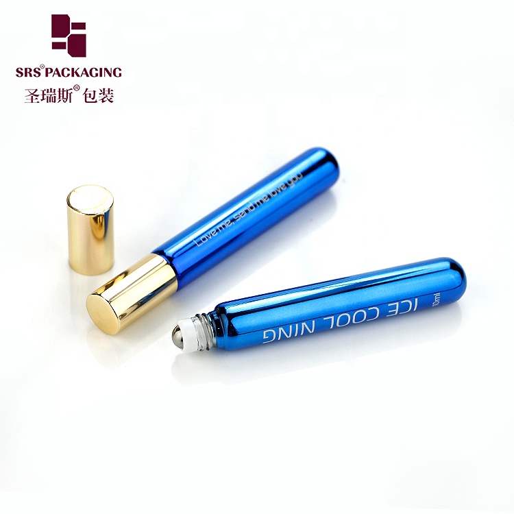 In stock metalized blue color glass custom roll on bottles 10ml roller ball for essential oil with printing