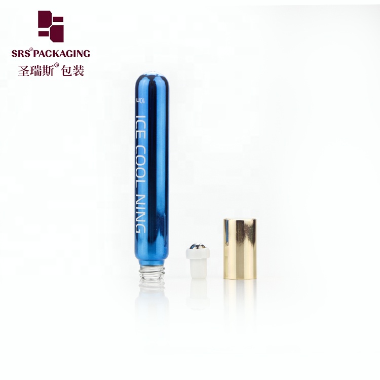 In stock metalized blue color glass custom roll on bottles 10ml roller ball for essential oil with printing