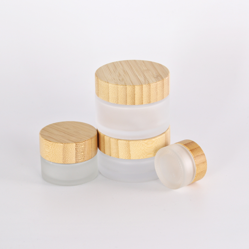 In stock products frosted glass jar wood grain lid frosted face cream glass jar