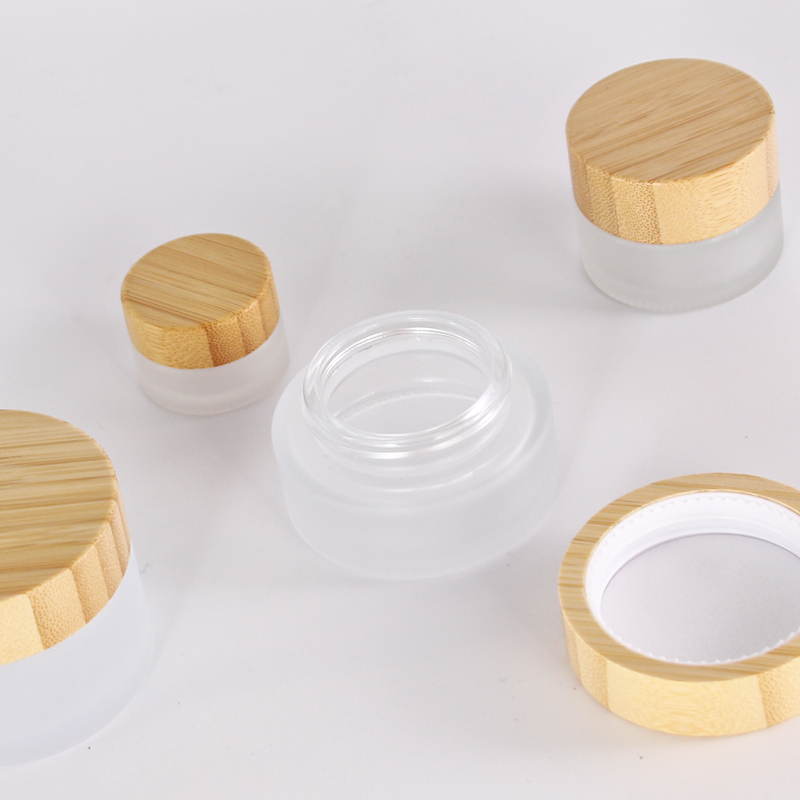 In stock products frosted glass jar wood grain lid frosted face cream glass jar