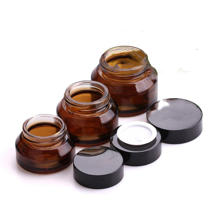 In stock skincare cream used Matte Black Empty Glass Cream Jars With Wood Grain Lids Mini Cosmetic Pot Containers