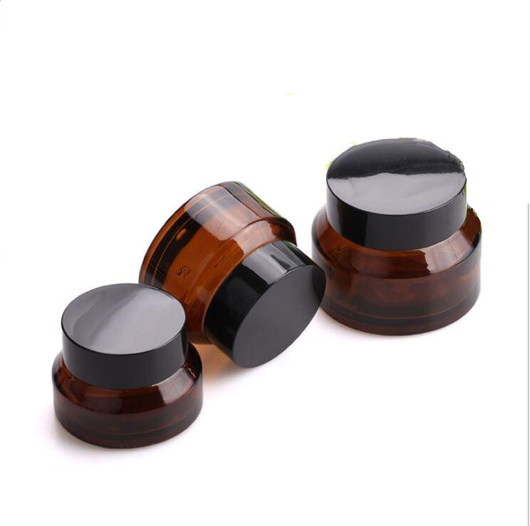 In stock skincare cream used Matte Black Empty Glass Cream Jars With Wood Grain Lids Mini Cosmetic Pot Containers