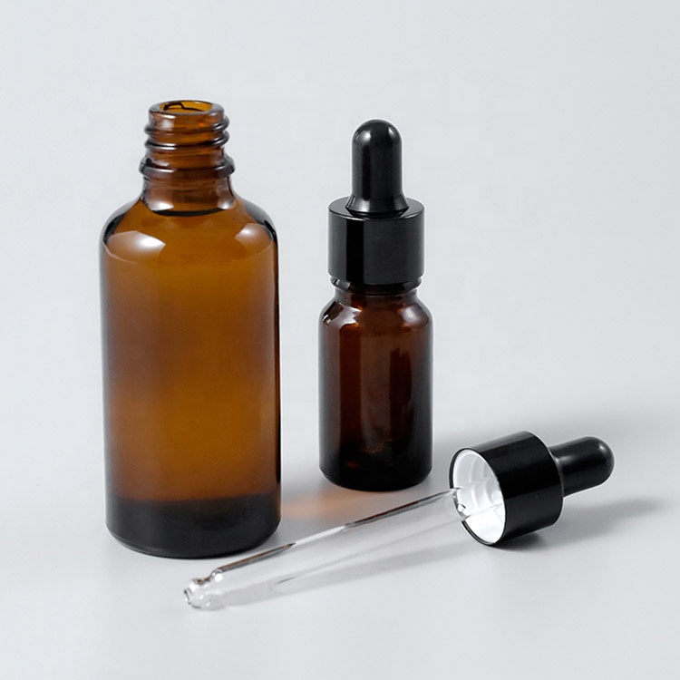 In stock wholesale 30ml cosmetic essential oil packaging amber glass bottle with dropper