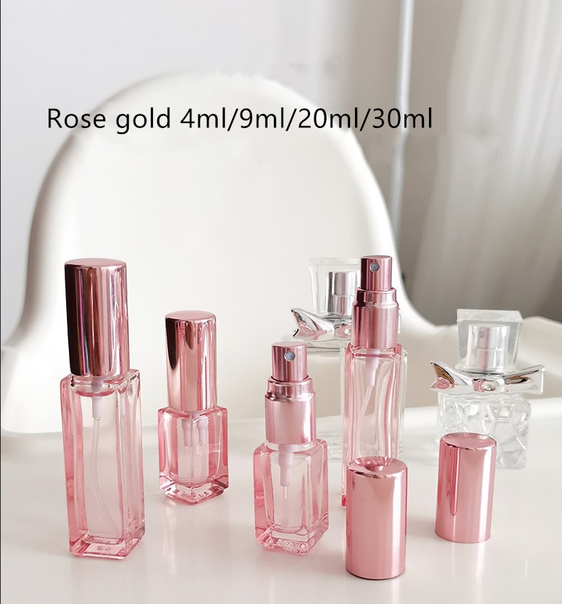 In stock wholesale 4ml 9ml 20ml 30ml small Clear pink Square Spray botol parfum Glass Perfume Bottle