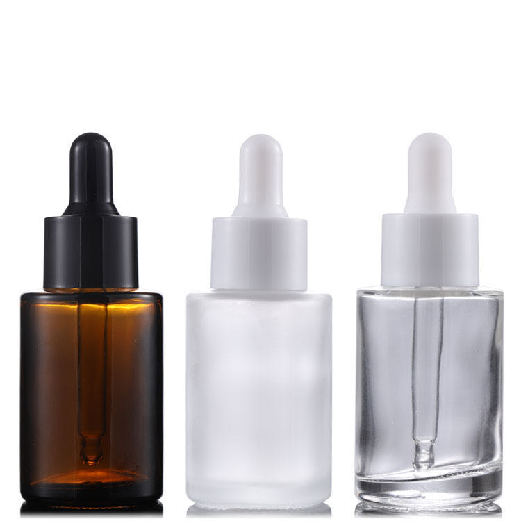 In stock wholesale luxury 30ml custom logo flat shoulder skin care glass dropper serum bottle for cosmetic CBD essential oil