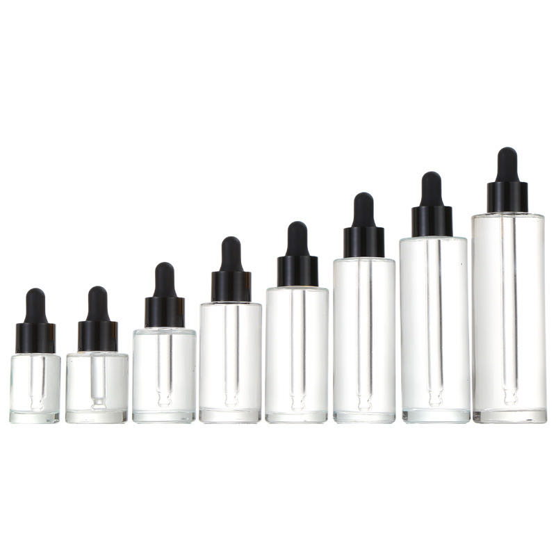 In stock wholesale luxury 30ml custom logo flat shoulder skin care glass dropper serum bottle for cosmetic CBD essential oil