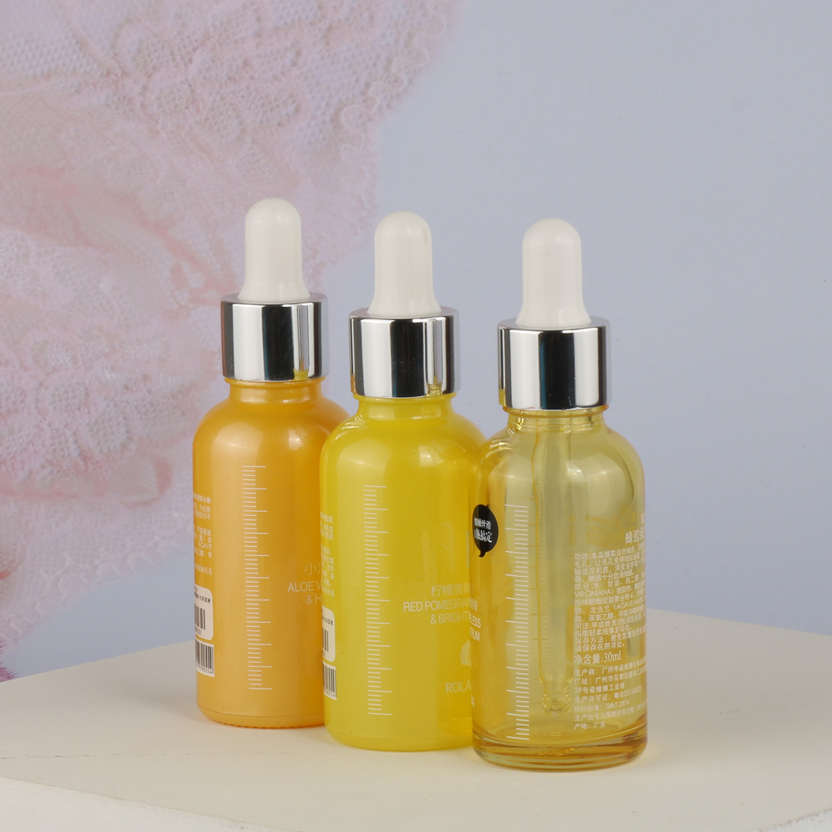 In stock wholesale pastel color 30ml 1oz pink yellow white green glass bottle with dropper serum lotion essential oil packaging