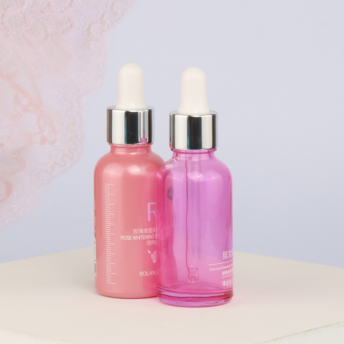 In stock wholesale pastel color 30ml 1oz pink yellow white green glass bottle with dropper serum lotion essential oil packaging