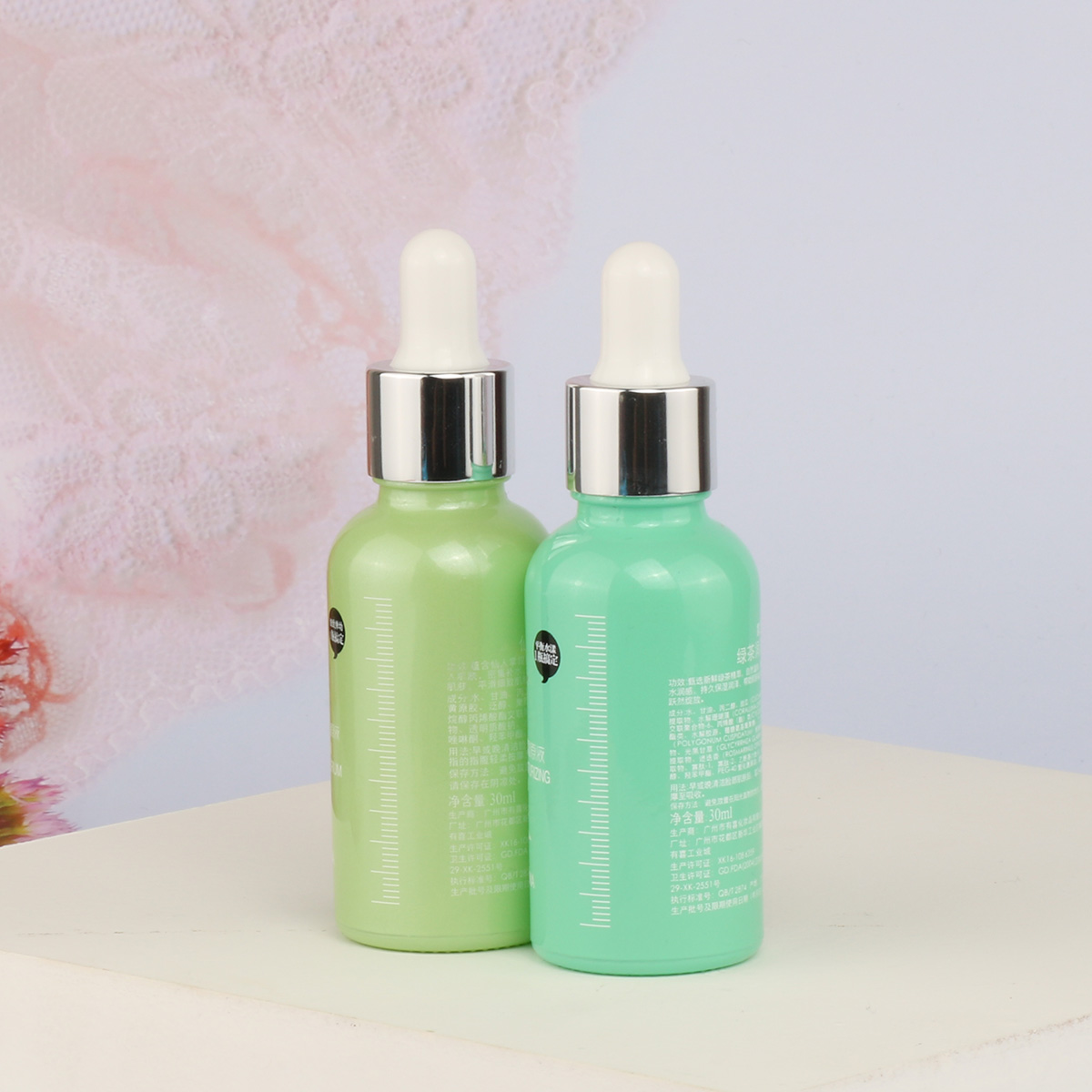In stock wholesale pastel color 30ml 1oz pink yellow white green glass bottle with dropper serum lotion essential oil packaging