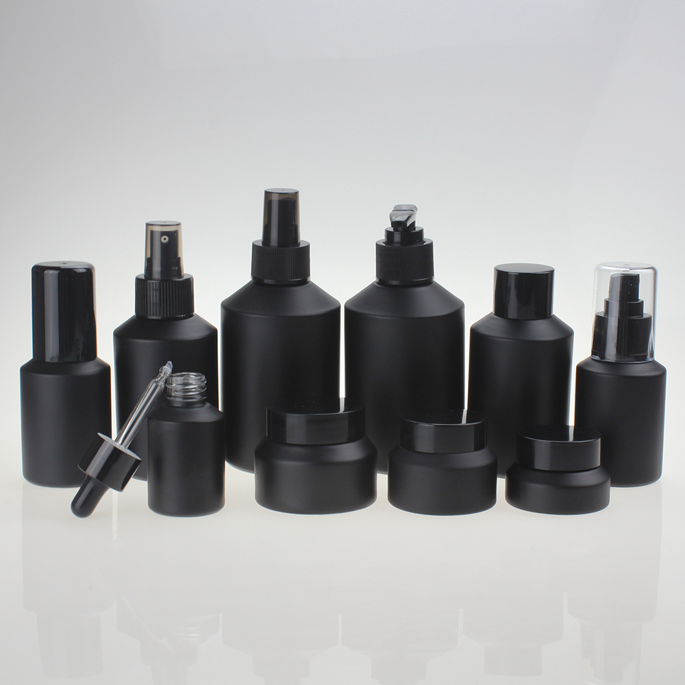 JG201 50g Matte Black Glass Cream Jars, 50ml 100ml Cosmetic Glass Cream Jars, 100ml Frosted Glass Cream Jar Packaging
