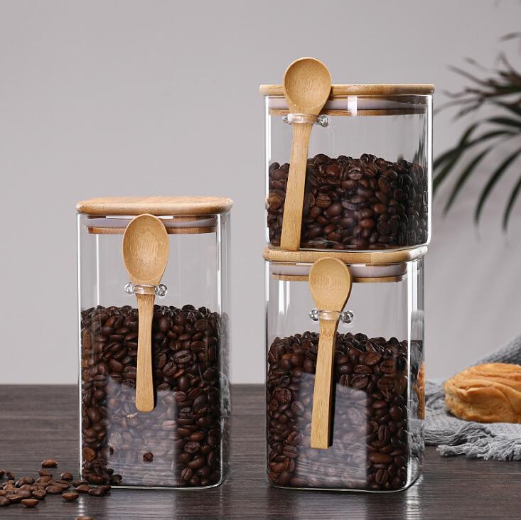 Japanese Style House Kitchen Organization Glass Jar Clear Glass Container With Wood Spoon And Lids For Pantry Coffee Grains