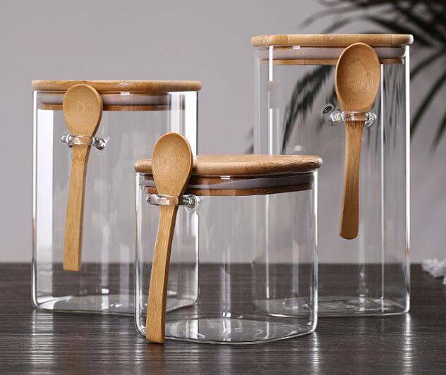 Japanese Style House Kitchen Organization Glass Jar Clear Glass Container With Wood Spoon And Lids For Pantry Coffee Grains