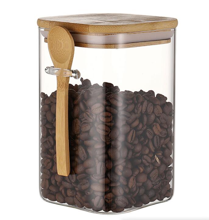 Japanese Style House Kitchen Organization Glass Jar Clear Glass Container With Wood Spoon And Lids For Pantry Coffee Grains