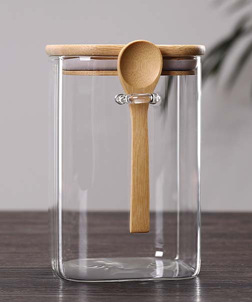 Japanese Style House Kitchen Organization Glass Jar Clear Glass Container With Wood Spoon And Lids For Pantry Coffee Grains