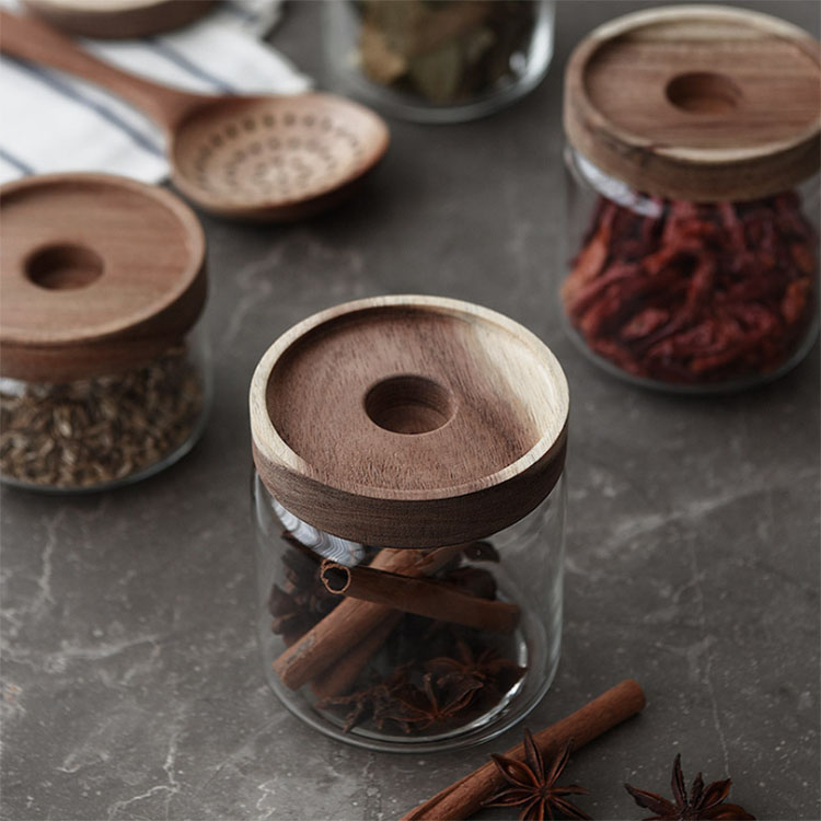 Japanese style Acacia wood storage tank glass sealed cans tea cans snack storage tank
