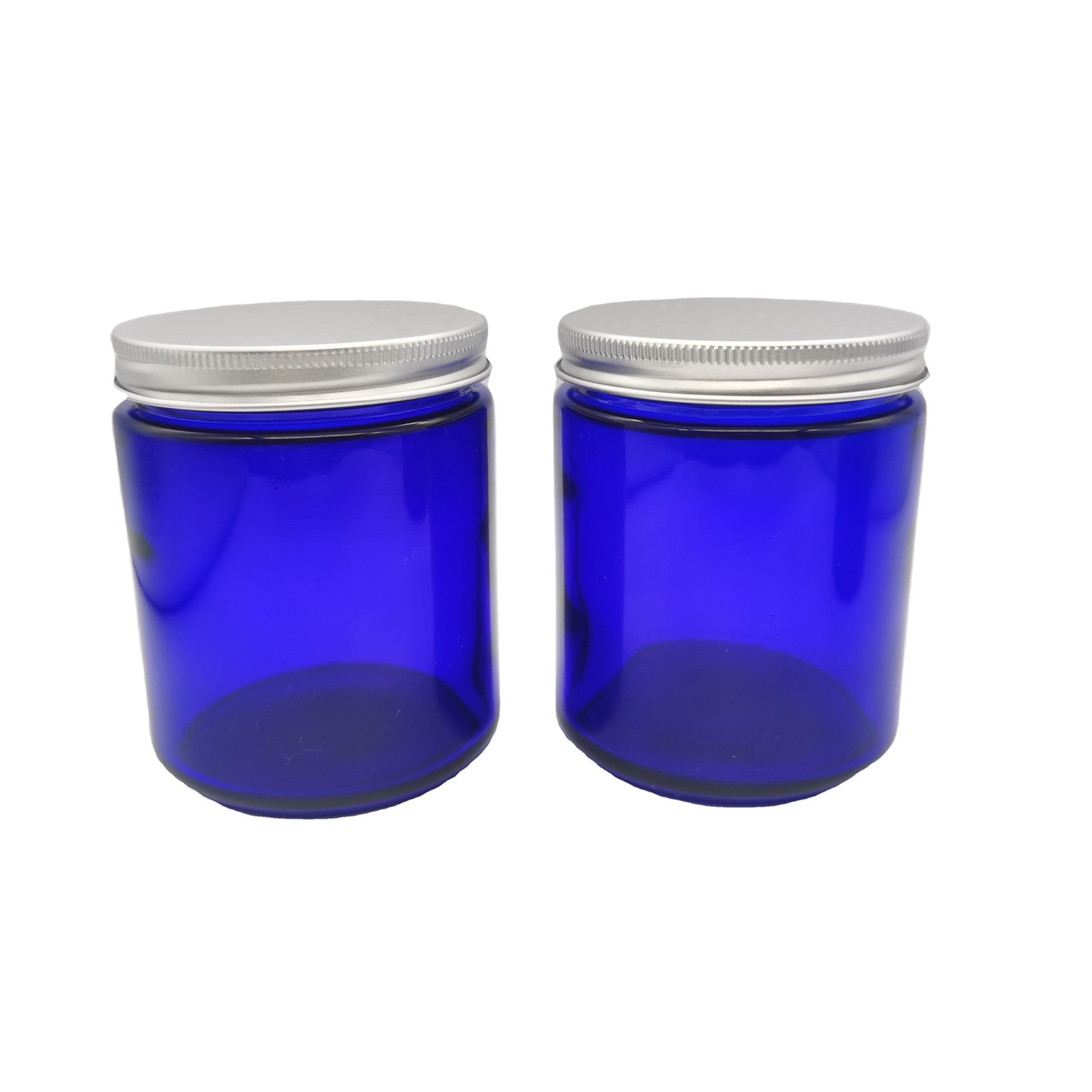 Jar Candle Glass with Silver Aluminum 250g Cobalt Blue Skin Care Cream Personal Care Screw Cap Hot Stamping