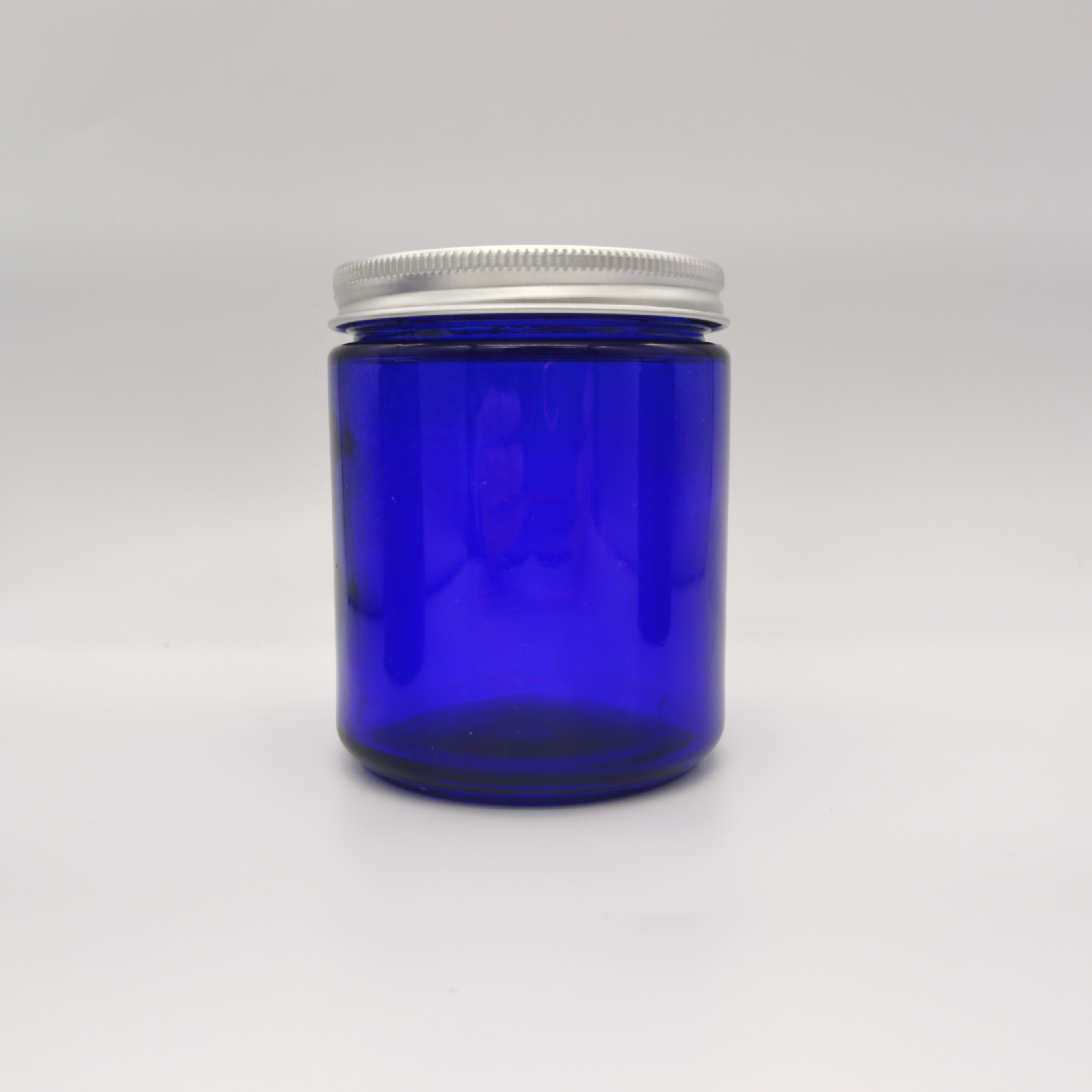 Jar Candle Glass with Silver Aluminum 250g Cobalt Blue Skin Care Cream Personal Care Screw Cap Hot Stamping