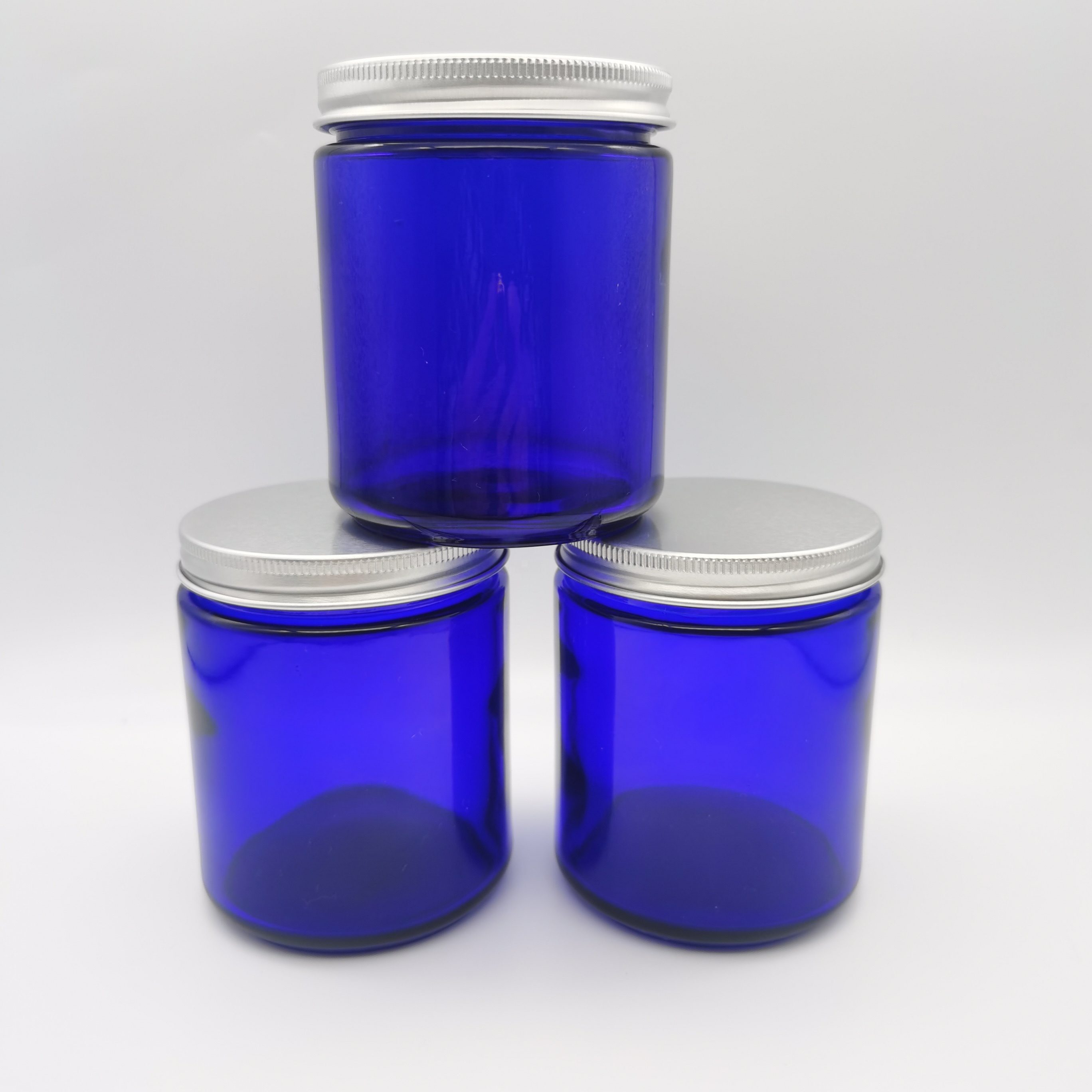 Jar Candle Glass with Silver Aluminum 250g Cobalt Blue Skin Care Cream Personal Care Screw Cap Hot Stamping