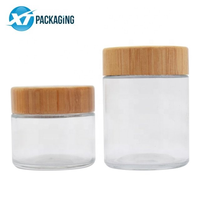 Jar Cap Hemp Flower Glass with Wooden Proof Bamboo Lid Child 2oz 3oz 4oz 5oz 6oz Skin Care Cream Screen Printing Cooking Oil