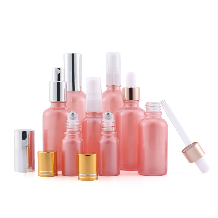 Jiaxing Empty Essential oil bottle pink color 10ml 20ml spray glass bottle with pump